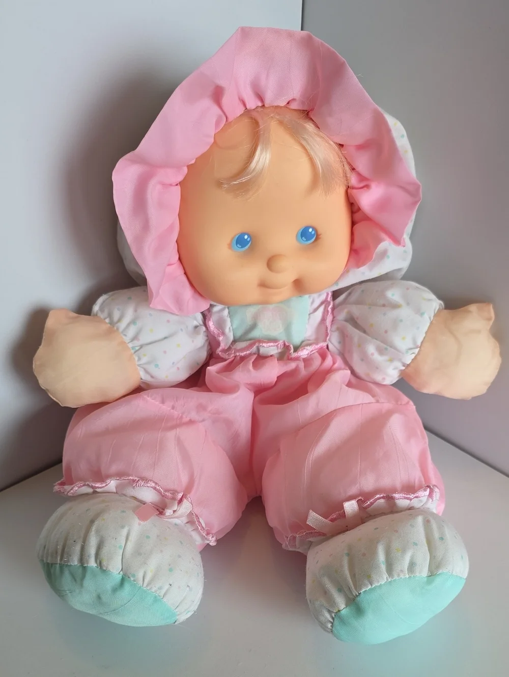 Vintage 90s' Fisher Price Puffalump Baby Doll Pink Polka Dots Green Bib Blonde